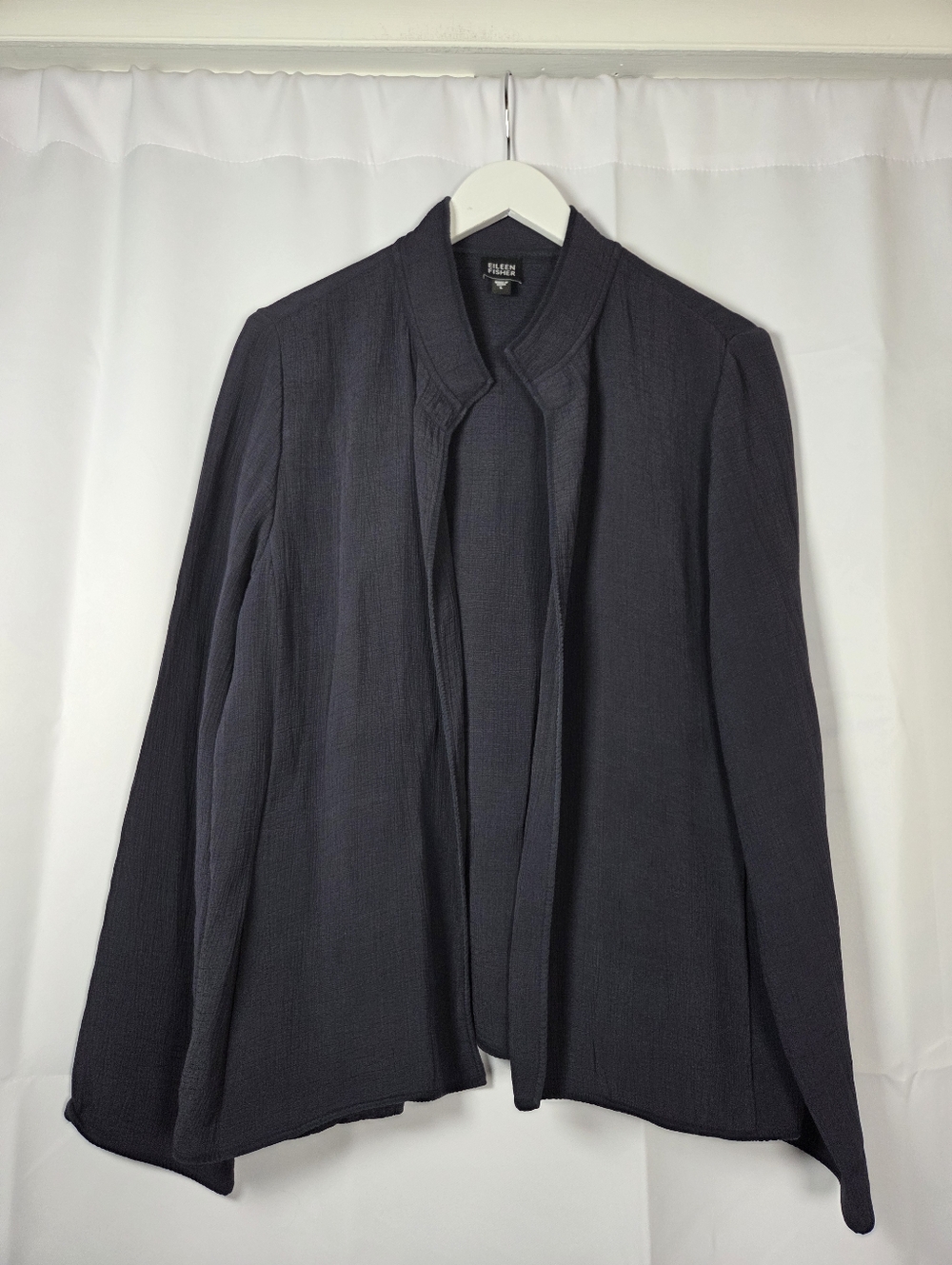 Eileen Fisher Jacket Navy Blue Textured Silk Rayon Blend Open Front Women's L